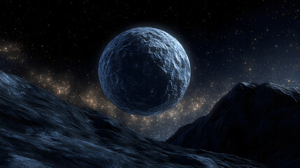 Wall Mural - a large, cratered moon hangs in the inky blackness of space above a rocky, desolate landscape. stars