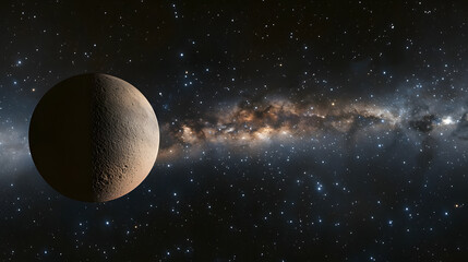 Wall Mural - a solitary, cratered planet hangs in the inky blackness of space, the milky way's soft glow a distan