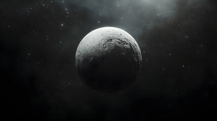 Wall Mural - a grayscale rendering of a cratered celestial body against a backdrop of stars and nebulae. the imag