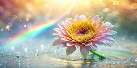 Wall Mural - A delicate pastel flower floats serenely on a shimmering surface, bathed in soft light and a vibrant rainbow arc, evoking a sense of peace and tranquility.