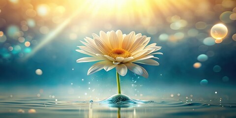 Wall Mural - Serene Aquatic Bloom A Single Daisy Floating Gracefully on Still Water, Bathed in Soft Light and Sparkling Particles