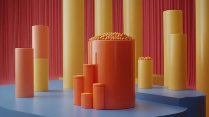 Poster - Colorful geometric shapes and vibrant spheres on a stage with red curtains in the background