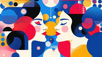 Poster - Abstract illustration of two women facing each other amidst colorful geometric shapes and patterns