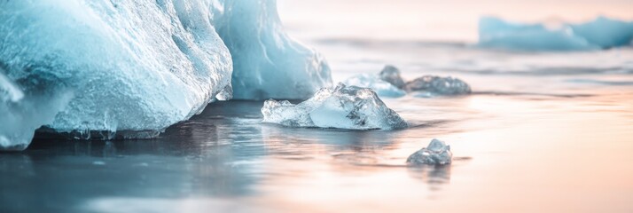 Poster - Icebergs are melting in the ocean at sunset in the glacier lagoon jokulsarlon, iceland, creating a beautiful and serene landscape, with ice formations reflecting in the water