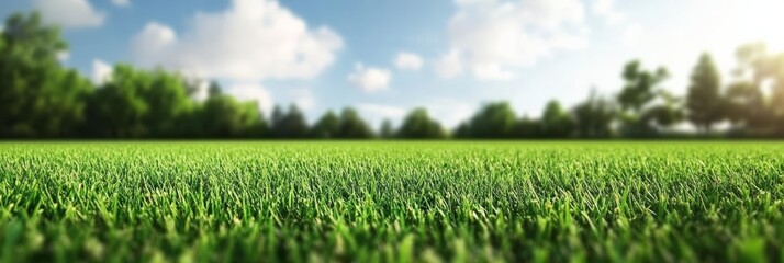 Poster - Wide panoramic view of a vibrant green grassy field stretching toward blurred trees under a bright blue sky filled with fluffy white clouds, creating a serene natural landscape