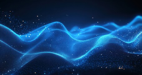 Poster - abstract glowing blue waves with shimmering particles in a dark background creating a serene and dyn