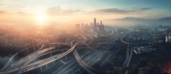 Wall Mural - Sunrise over a sprawling cityscape with a complex highway interchange.