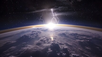 Wall Mural - stunning view of earth from space, showcasing a dramatic lightning storm at the horizon. the contras