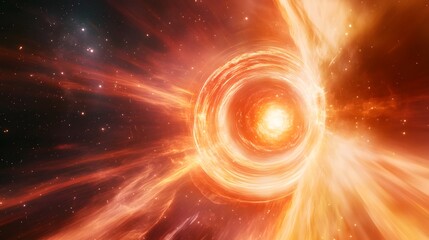 Poster - A swirling vortex of fiery orange and red energy in space. Bright light emanates from its core, surrounded by cosmic dust and stars.