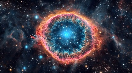 a breathtaking view of a vibrant nebula, showcasing swirling colors of red, orange, blue, and teal. 