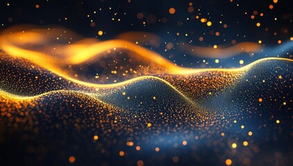 Poster - Abstract wave of golden particles illuminating a dark background, creating a sense of movement and magic with stunning depth and texture in the imagery