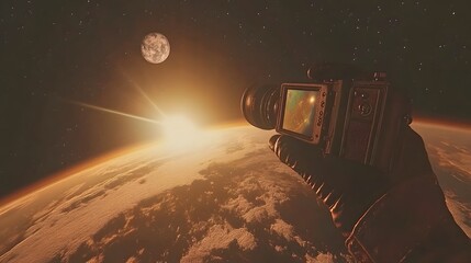 Wall Mural - a gloved hand holds a camera capturing a breathtaking sunrise over a planet's horizon, a moon visibl