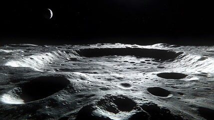 Wall Mural - a breathtaking view of a cratered lunar landscape under a dark sky, with a crescent moon visible in 