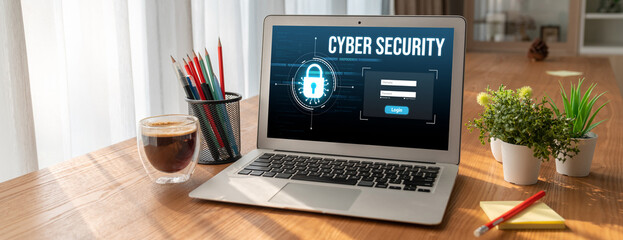 Poster - cyber security system on computer screen protect private information snugly from hacker and cyber at