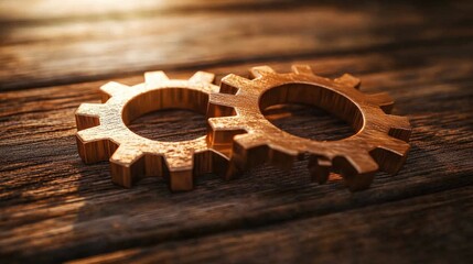 Poster - close-up of interlocking wooden gears on a rustic wooden surface with warm lighting