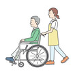 © gotooo - 車椅子の高齢男性と介助ををする若い女性の横向きイラスト