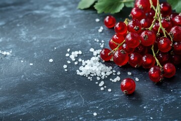 Wall Mural - Glossy red currants lie near sea salt on dark surface