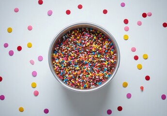 Poster - Colorful Sprinkles and Confetti in Round Bowl on Light Blue Background, Perfect for Celebrations and Festive Occasions, Sweet Treats and Decorations