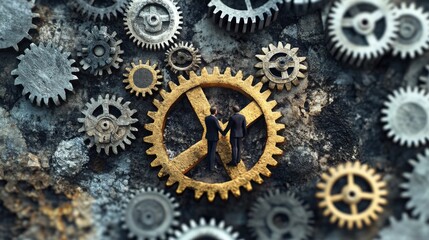 Poster - Two business professionals shaking hands inside a large gear, symbolizing teamwork and industry