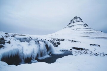 Wall Mural - Snow covered mountain with a frozen waterfall