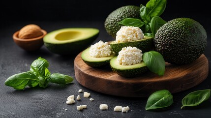 Keto avocado and cheese bites preparation kitchen food photography dark setting close-up healthy snack concept