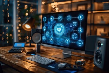 Poster - A computer screen showcases a shopping cart icon labeled AI Tools. The desk is adorned with AI symbols gears a calculator a speaker and lipstick all in a vibrant tech-inspired design.