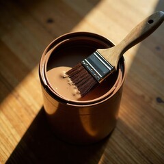 Poster - A can of brown paint sits on a wooden table with a paintbrush inside it. Sunlight casts shadows highlighting the textured wood and serene atmosphere of a creative workspace.