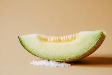 Wall Mural - Cantaloupe slice rests upon pile of white granulated salt