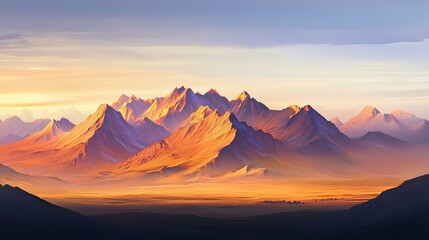 Poster - Breathtaking panorama of a majestic mountain range bathed in the warm, golden light of a setting sun, creating a serene and awe inspiring landscape