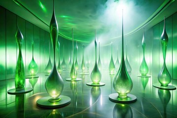 Wall Mural - Illuminated Emerald Teardrop Sculptures in a Modern, Serene Interior Space