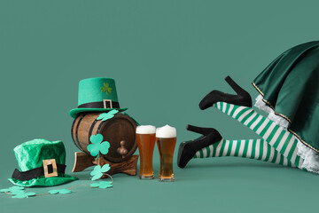 Wall Mural - Woman in waitress costume with glasses of beer, leprechaun's hats, barrel and clovers on green background. St. Patrick's Day celebration