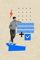 Poster - Art image vertical photo collage of happy man stand notification icon plus checkmark approval symbol message bubble social media