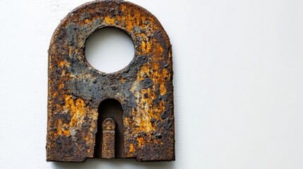 Poster - rusty metal object with a circular hole, showcasing weathered textures against a white background