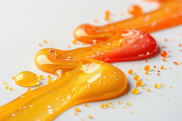 Poster - Golden yellow red and black paint creates a flowing texture on a pristine white surface. The smooth finish and glossy appearance invite creative expression and artistic engagement.