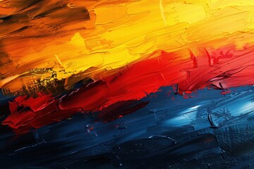 Poster - Vivid strokes of red orange yellow and blue create an abstract representation of a vibrant sunset. The textured brushwork adds depth and movement to the artwork.