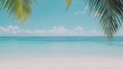 Aufkleber - Tranquil tropical beach scene featuring white sand, turquoise water, and palm trees framing a beautiful seascape, creating a serene and inviting atmosphere