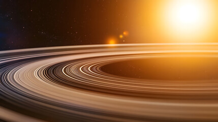 Poster - Stunning view of planetary rings, countless thin bands circling a celestial body. A bright sun or star illuminates the scene, creating a warm, cosmic landscape.