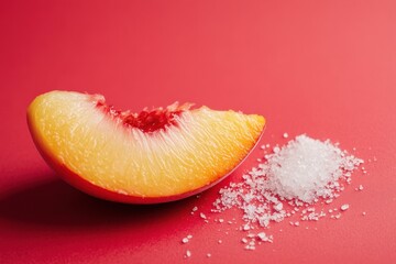 Wall Mural - Slice of peach with pit near pile of sugar