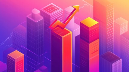 Poster - Vibrant city skyline with upward trend graph indicating economic growth and progress