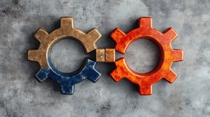 Poster - interlocking metal gears in contrasting colors on a textured surface, symbolizing collaboration
