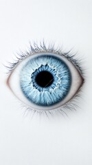 Poster - Close up of a light blue eye featuring prominent iris, pupil, and eyelashes, set against a clean white backdrop, creating a striking contrast and emphasizing the intricate details of the eye