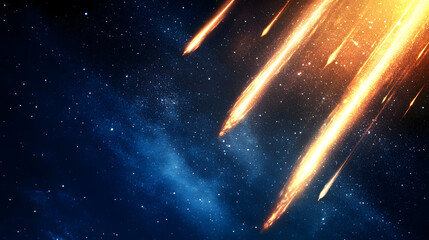 Poster - Fiery meteors streak across a dark, star-filled night sky, leaving glowing trails. A cosmic spectacle of light and energy.