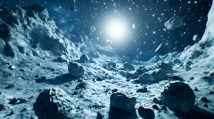 Wall Mural - a desolate, rocky alien landscape under a bright starlit sky. large boulders and smaller rocks scatt