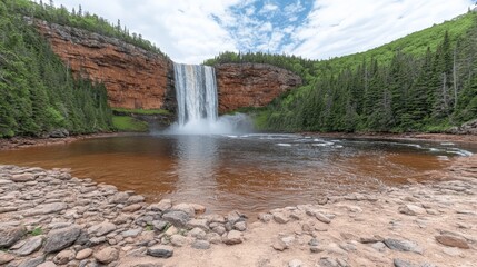 Wall Mural - Stunning Waterfall in Lush Forest Landscape with Rocky Riverbed and Blue Sky - Explore Nature's Beauty, Peaceful Outdoor Scenery, Hiking, and Adventure