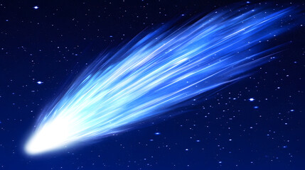 Poster - A vibrant blue comet streaks across a dark, starlit night sky.  Its luminous tail shines brightly against the deep blue backdrop, creating a dramatic and captivating celestial scene.