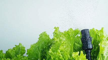 Wall Mural - Fresh lettuce being watered by a sprayer in a bright, clean setting with soft lighting