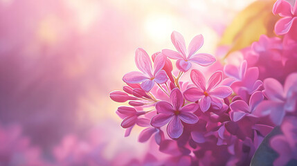 Wall Mural - Sunny day with lilac flowers in bloom, surrounded by a gentle bokeh light effect
