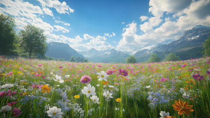 Wall Mural - endless fields of colorful cosmos flowers swaying gently in the warm summer breeze