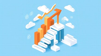 Poster - A stylized representation of growth with ascending stairs and a rising graph against a blue background