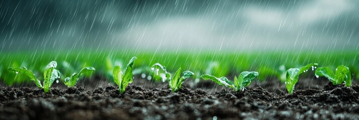 Poster - Heavy rain falling on new spinach plants growing in rich dark fertile soil during a rainy spring day, providing essential water for healthy growth and a promising harvest